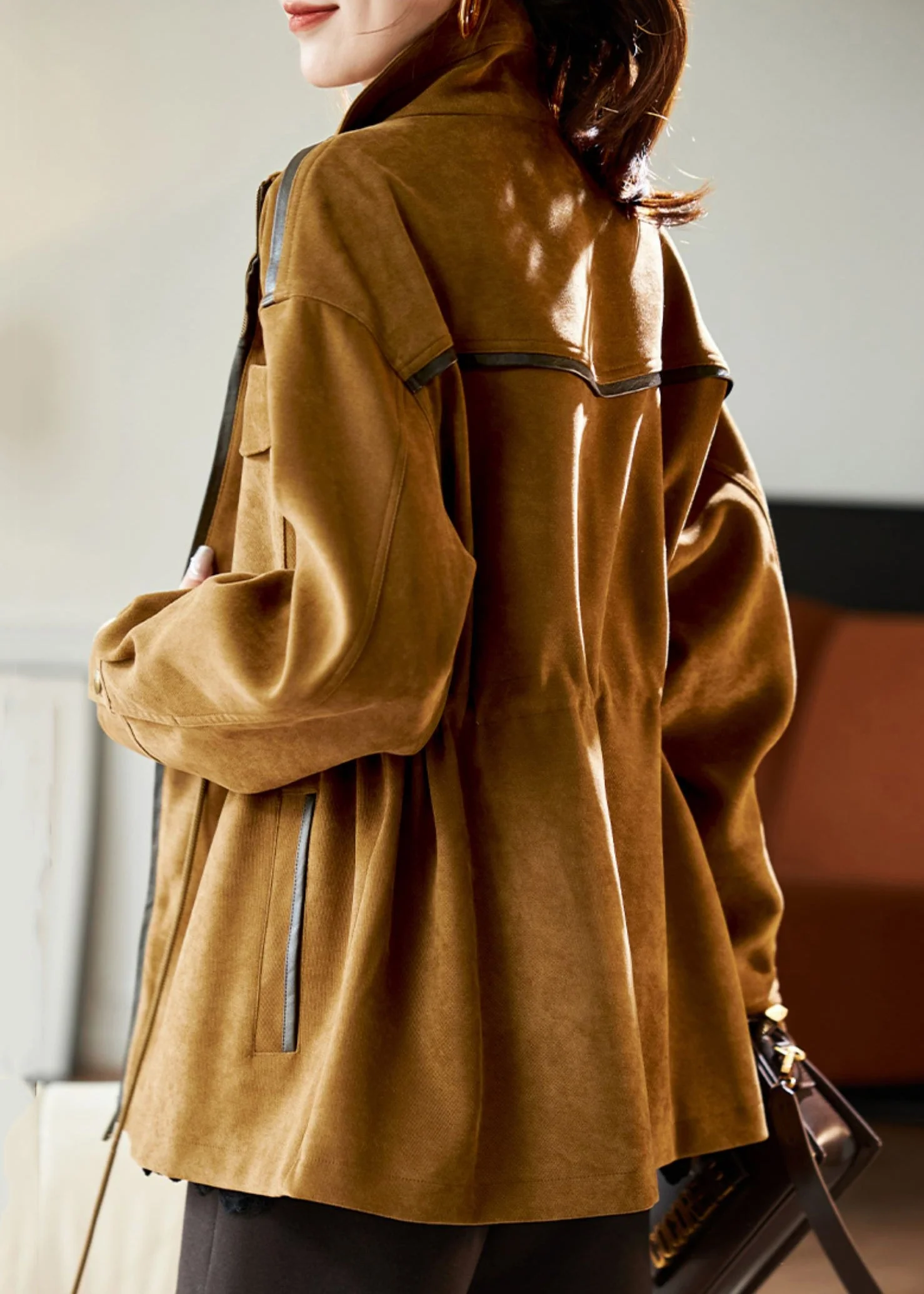 Loose Caramel Stand Collar Drawstring Pockets Cotton Coat Winter - Image 5
