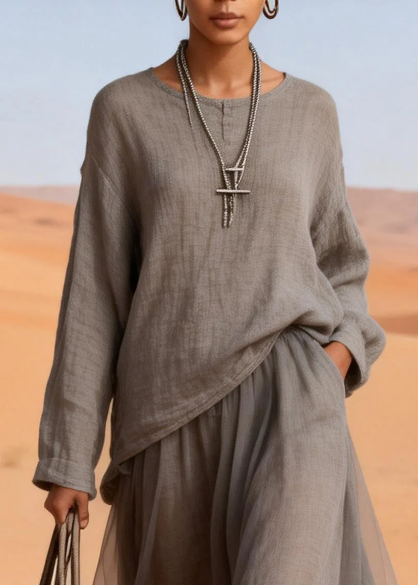 Loose Charcoal Grey Pockets Tops And Skirts Tulle Patchwork Two Pieces Set Spring - Image 2