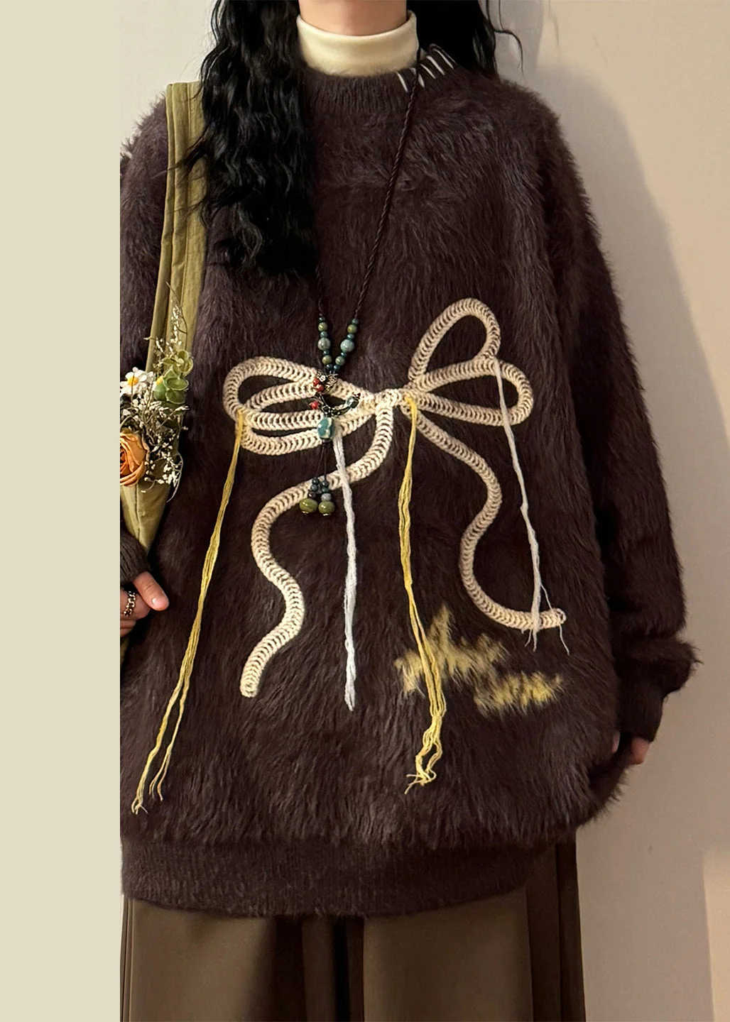 Loose Coffee Bow Thick Mink Hair Knitted Sweater Winter - Image 2