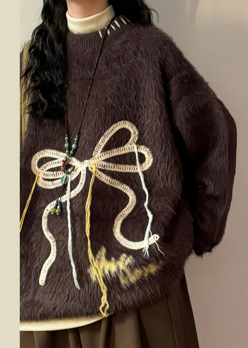 Loose Coffee Bow Thick Mink Hair Knitted Sweater Winter - Image 3