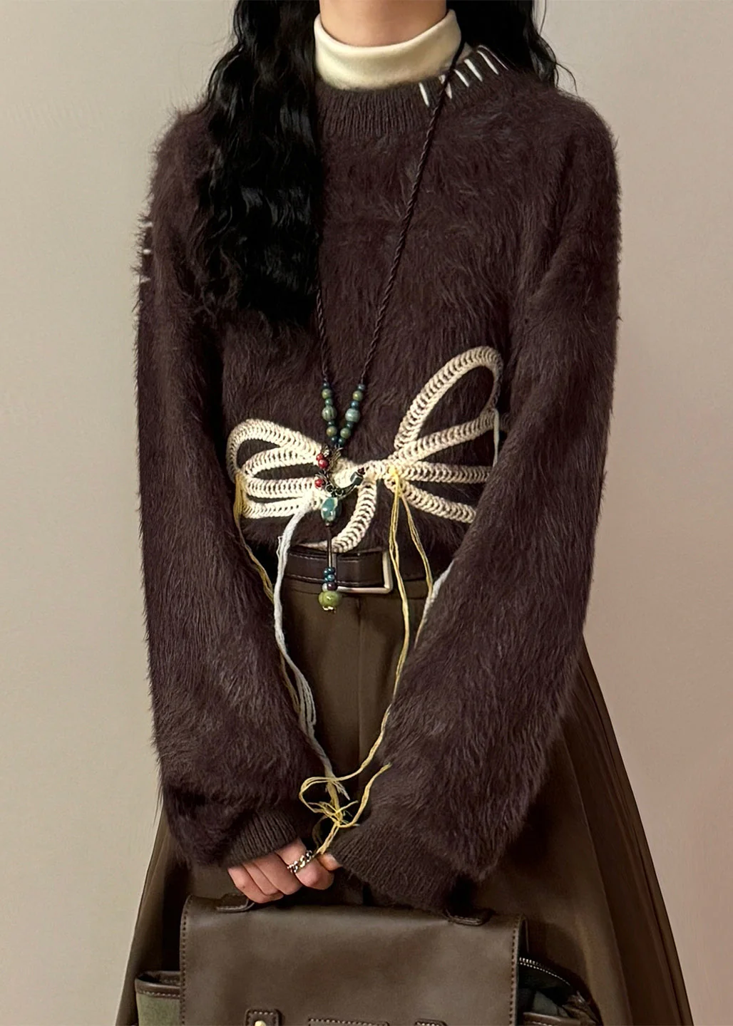 Loose Coffee Bow Thick Mink Hair Knitted Sweater Winter - Image 4