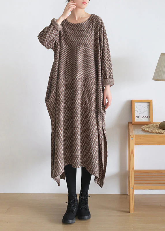 Loose Chocolate Colour O-Neck Print Side Open Knit Cotton Maxi Dress Long Sleeve - Image 2