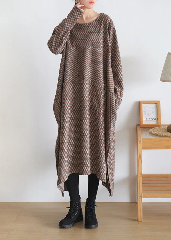 Loose Chocolate Colour O-Neck Print Side Open Knit Cotton Maxi Dress Long Sleeve - Image 3