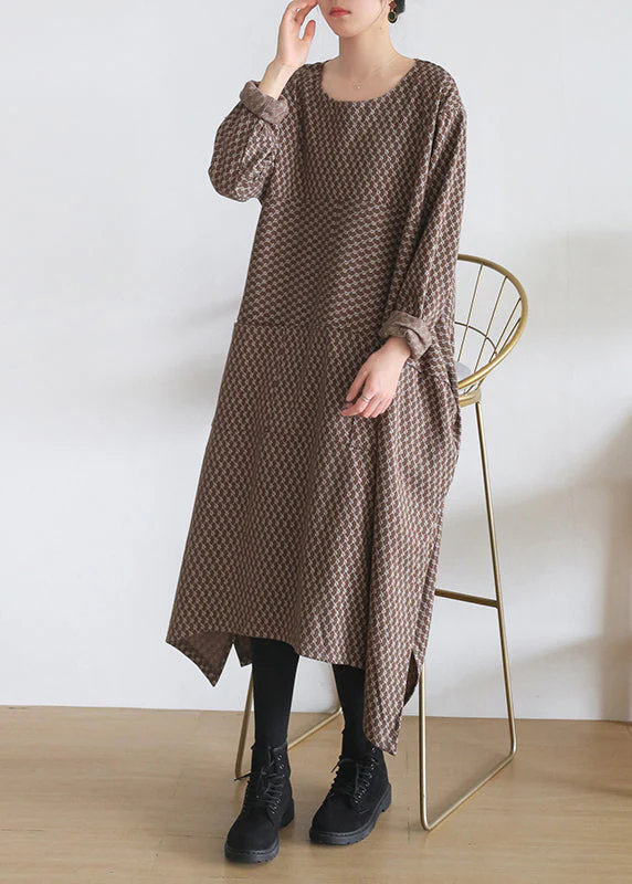 Loose Chocolate Colour O-Neck Print Side Open Knit Cotton Maxi Dress Long Sleeve - Image 4