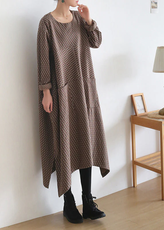 Loose Chocolate Colour O-Neck Print Side Open Knit Cotton Maxi Dress Long Sleeve - Image 5