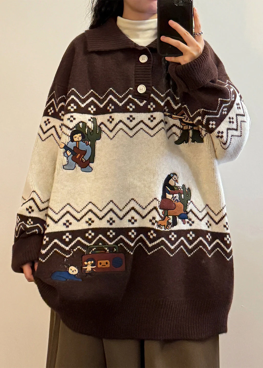 Loose Coffee Embroidered Button Patchwork Knit Sweater Spring - Image 2