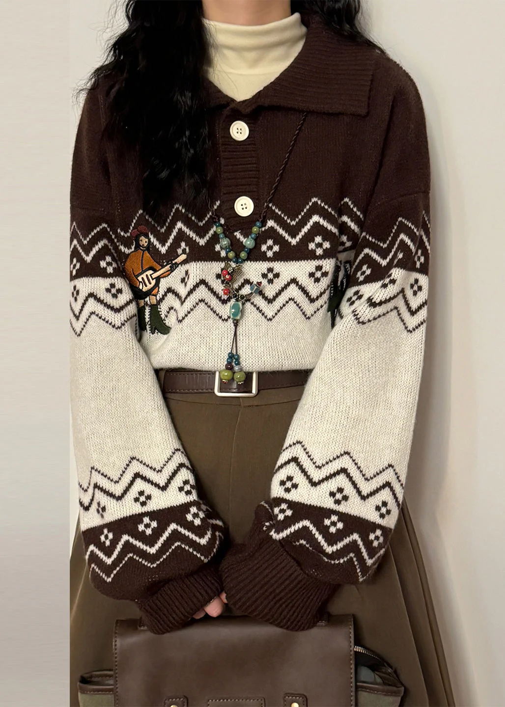Loose Coffee Embroidered Button Patchwork Knit Sweater Spring - Image 3