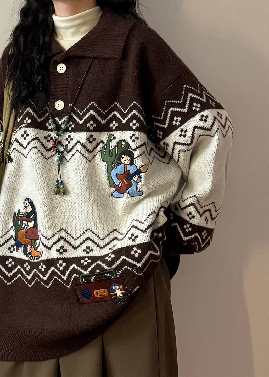 Loose Coffee Embroidered Button Patchwork Knit Sweater Spring - Image 4