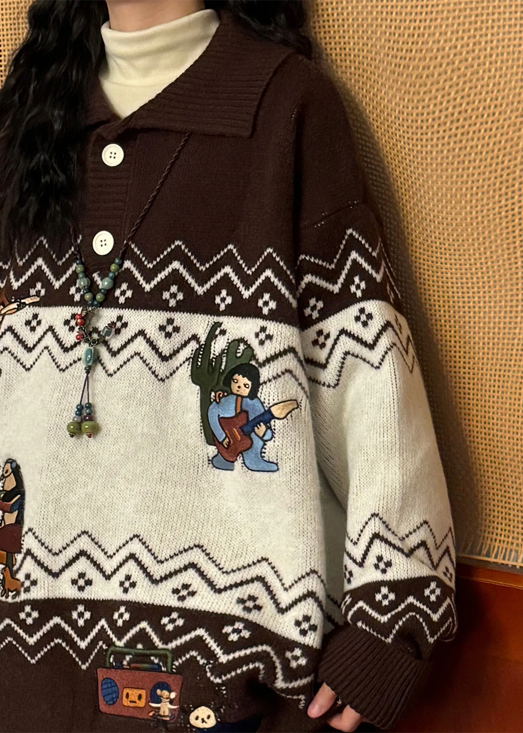 Loose Coffee Embroidered Button Patchwork Knit Sweater Spring - Image 5