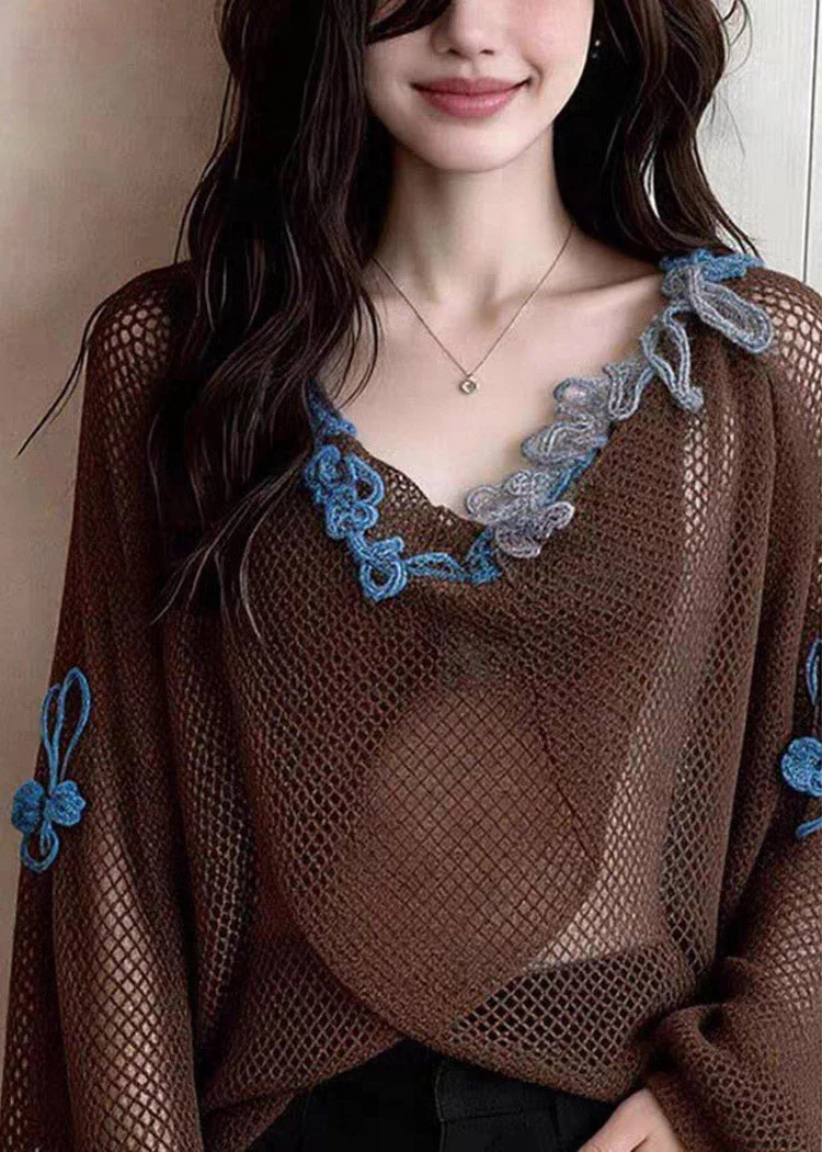 Loose Coffee Embroidered Patchwork Hollow Out Tops Lanter Sleeve - Image 2