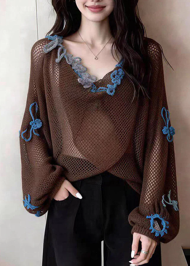 Loose Coffee Embroidered Patchwork Hollow Out Tops Lanter Sleeve - Image 4
