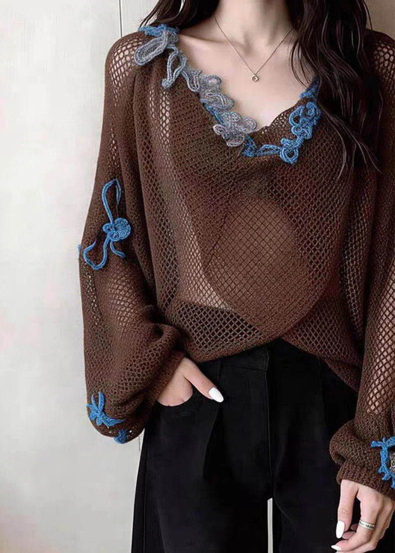 Loose Coffee Embroidered Patchwork Hollow Out Tops Lanter Sleeve - Image 5