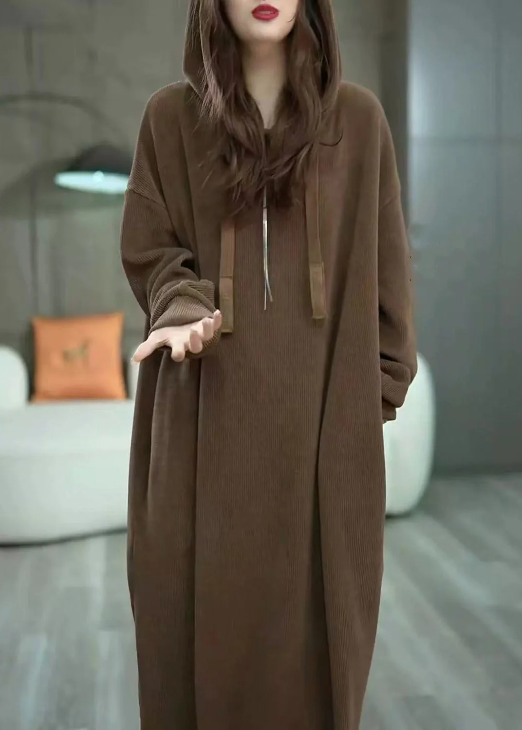 Loose Coffee Hooded Pockets Solid Long Dress Winter - Image 3