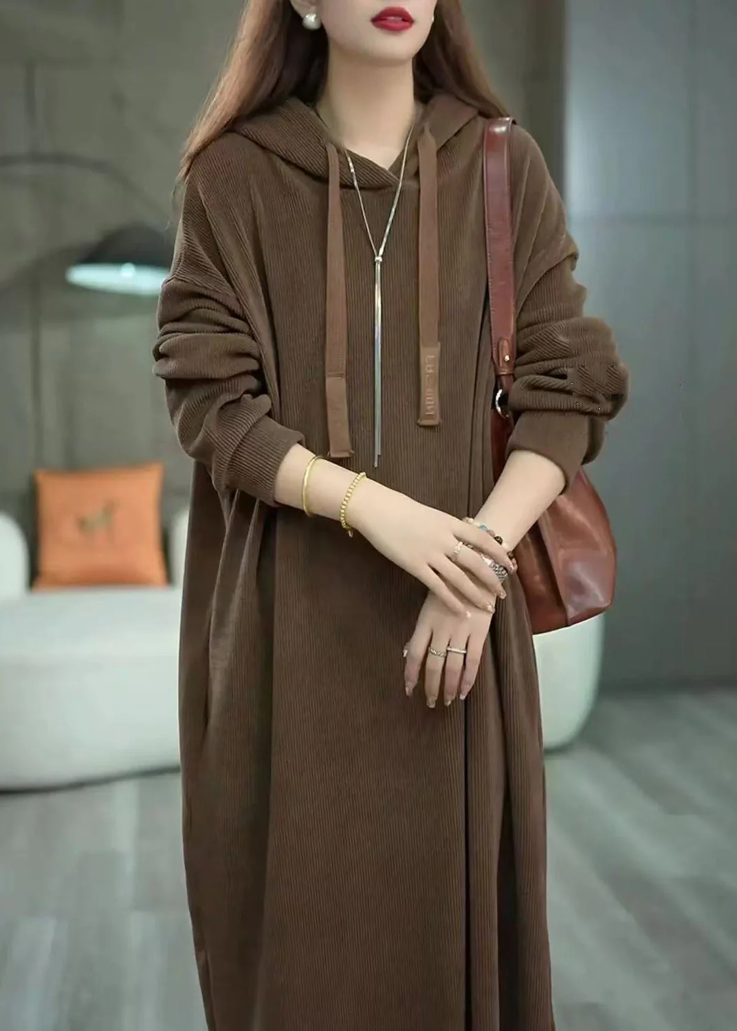 Loose Coffee Hooded Pockets Solid Long Dress Winter - Image 4