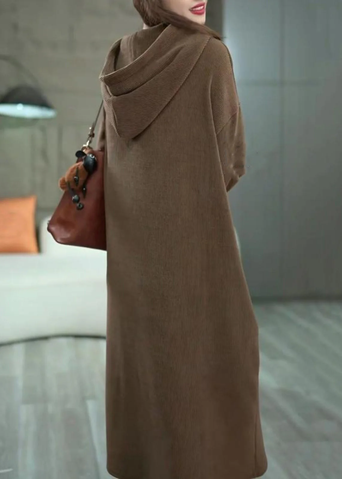 Loose Coffee Hooded Pockets Solid Long Dress Winter - Image 5