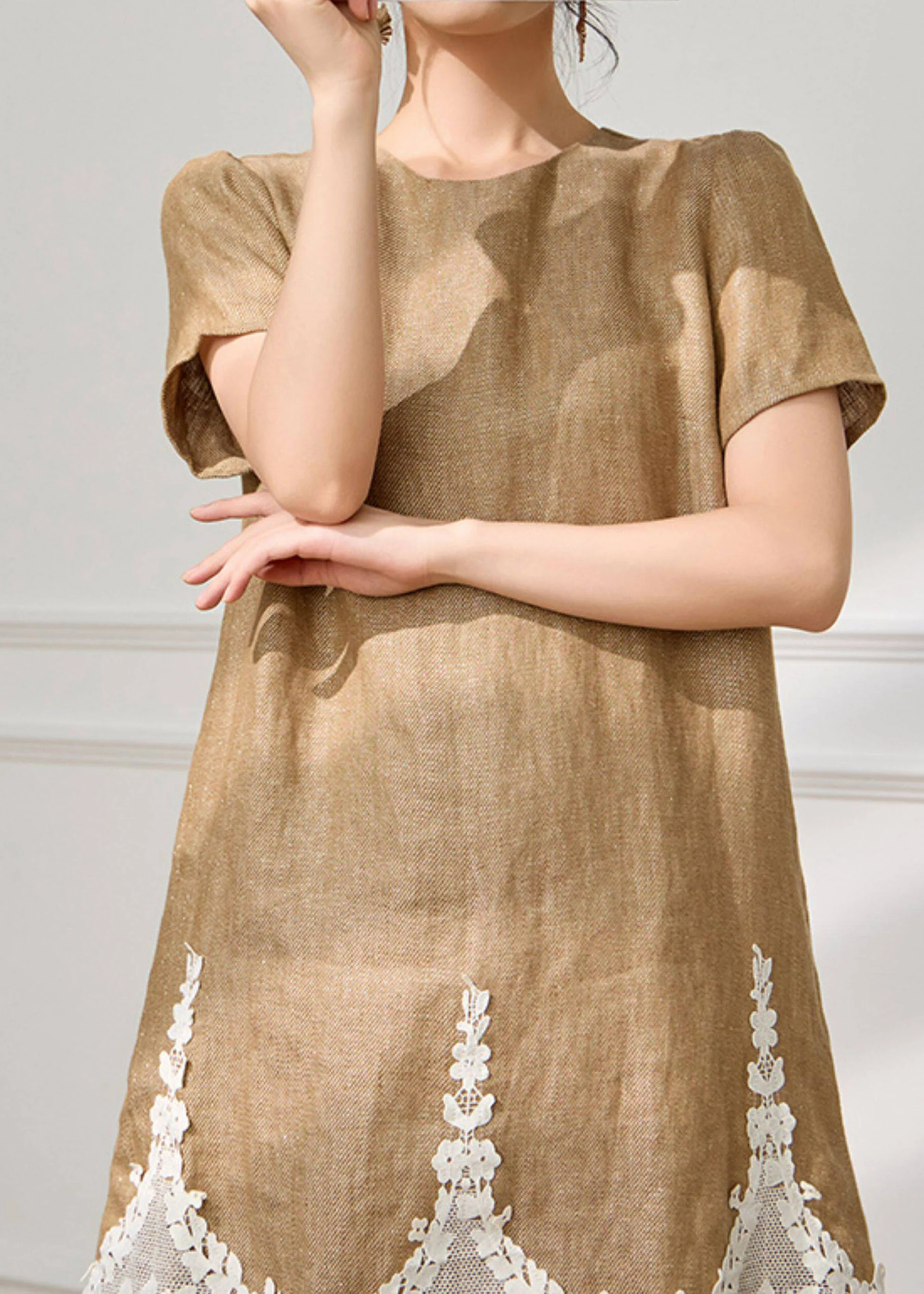 Loose Coffee O-Neck Lace Patchwork Mid Dress Short Sleeve - Image 3