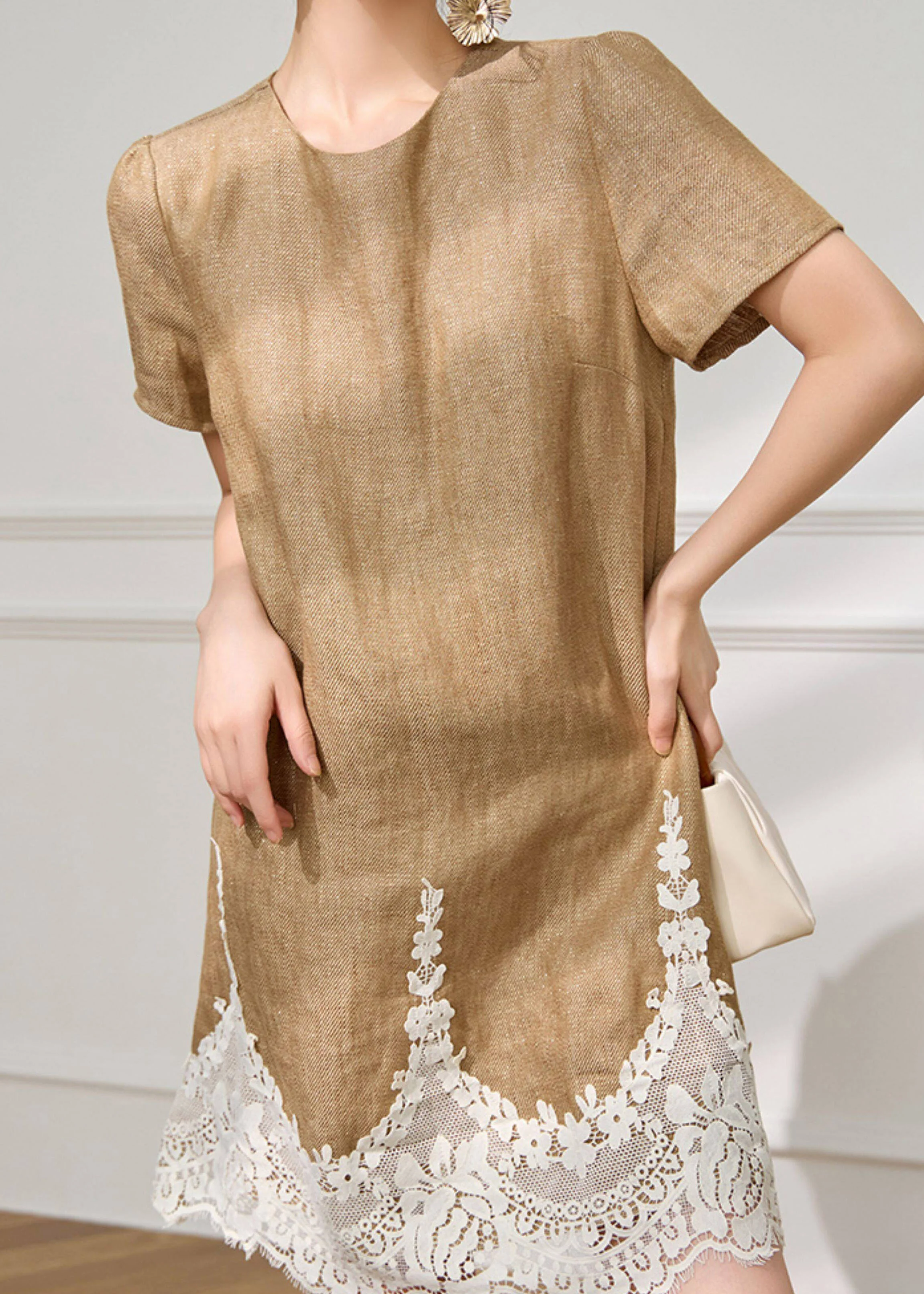 Loose Coffee O-Neck Lace Patchwork Mid Dress Short Sleeve - Image 4