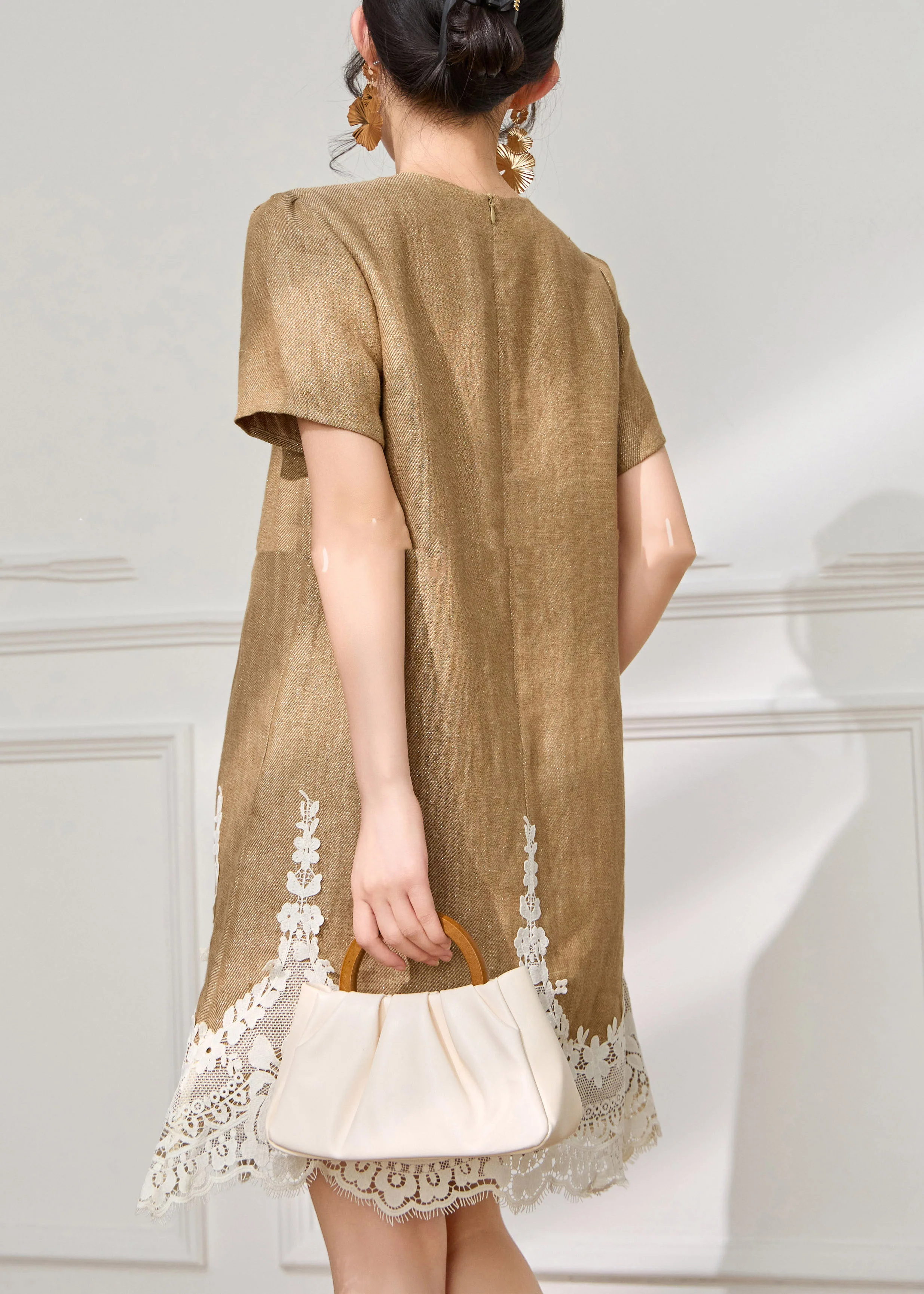 Loose Coffee O-Neck Lace Patchwork Mid Dress Short Sleeve - Image 5