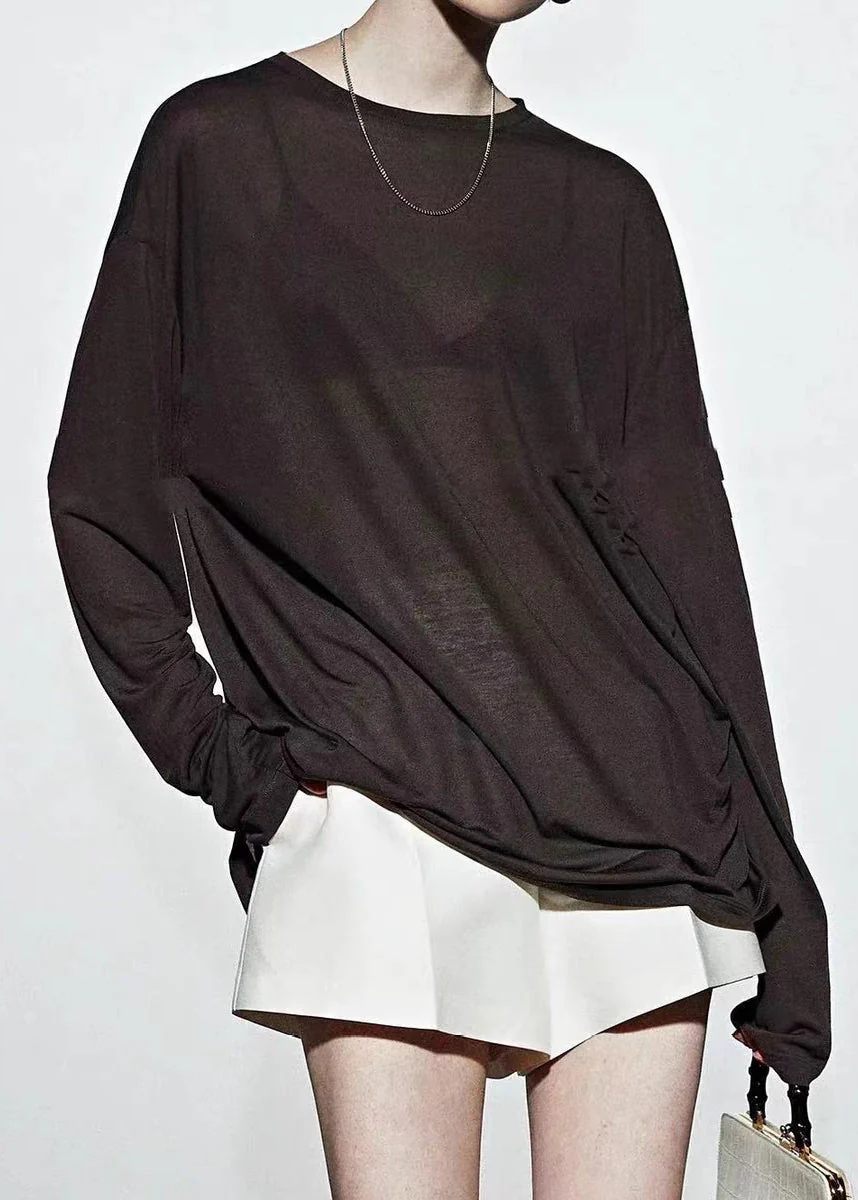 Loose Coffee O-Neck Patchwork Silk T Shirt Spring