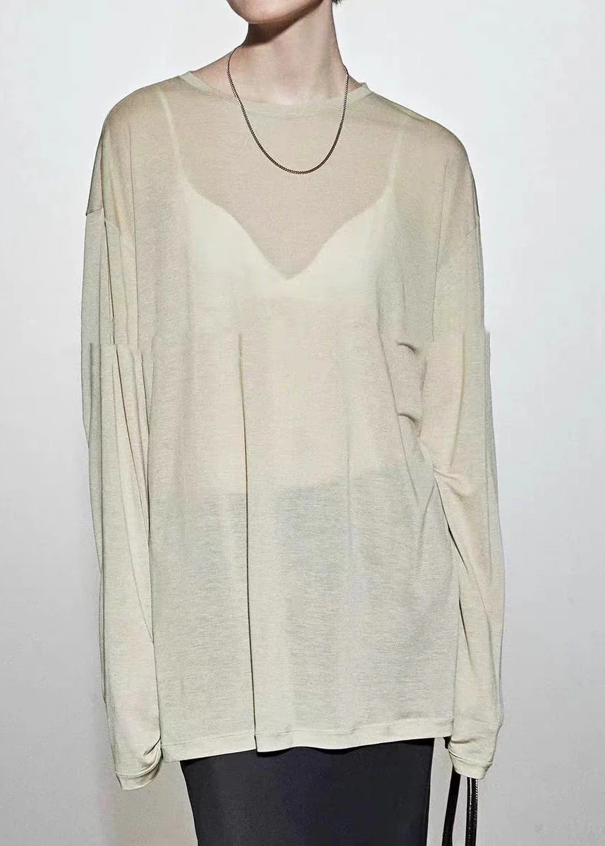 Loose Coffee O-Neck Patchwork Silk T Shirt Spring - Image 2