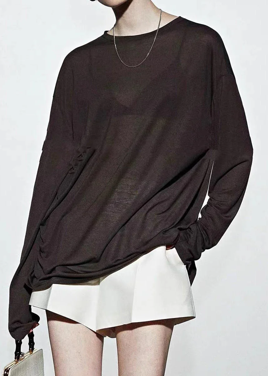 Loose Coffee O-Neck Patchwork Silk T Shirt Spring - Image 3