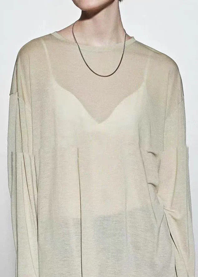 Loose Coffee O-Neck Patchwork Silk T Shirt Spring - Image 4
