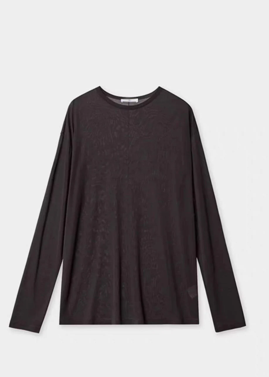 Loose Coffee O-Neck Patchwork Silk T Shirt Spring - Image 5
