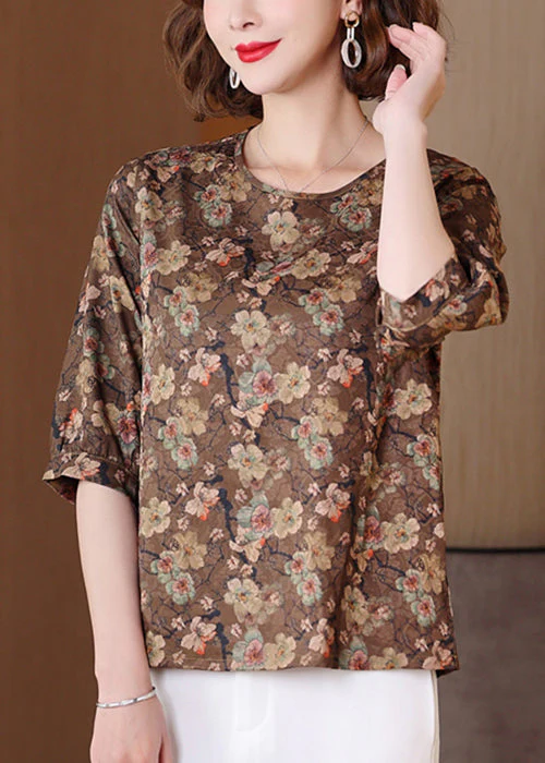 Loose Coffee O Neck Print Wear On Both Sides Silk Shirts Summer - Image 3