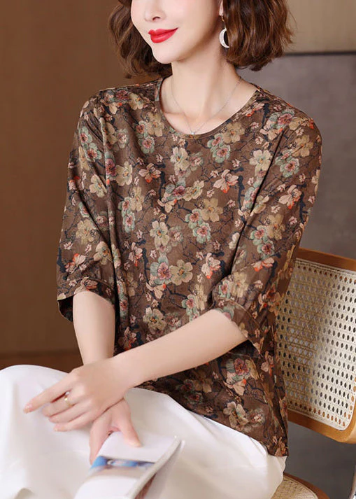 Loose Coffee O Neck Print Wear On Both Sides Silk Shirts Summer - Image 4