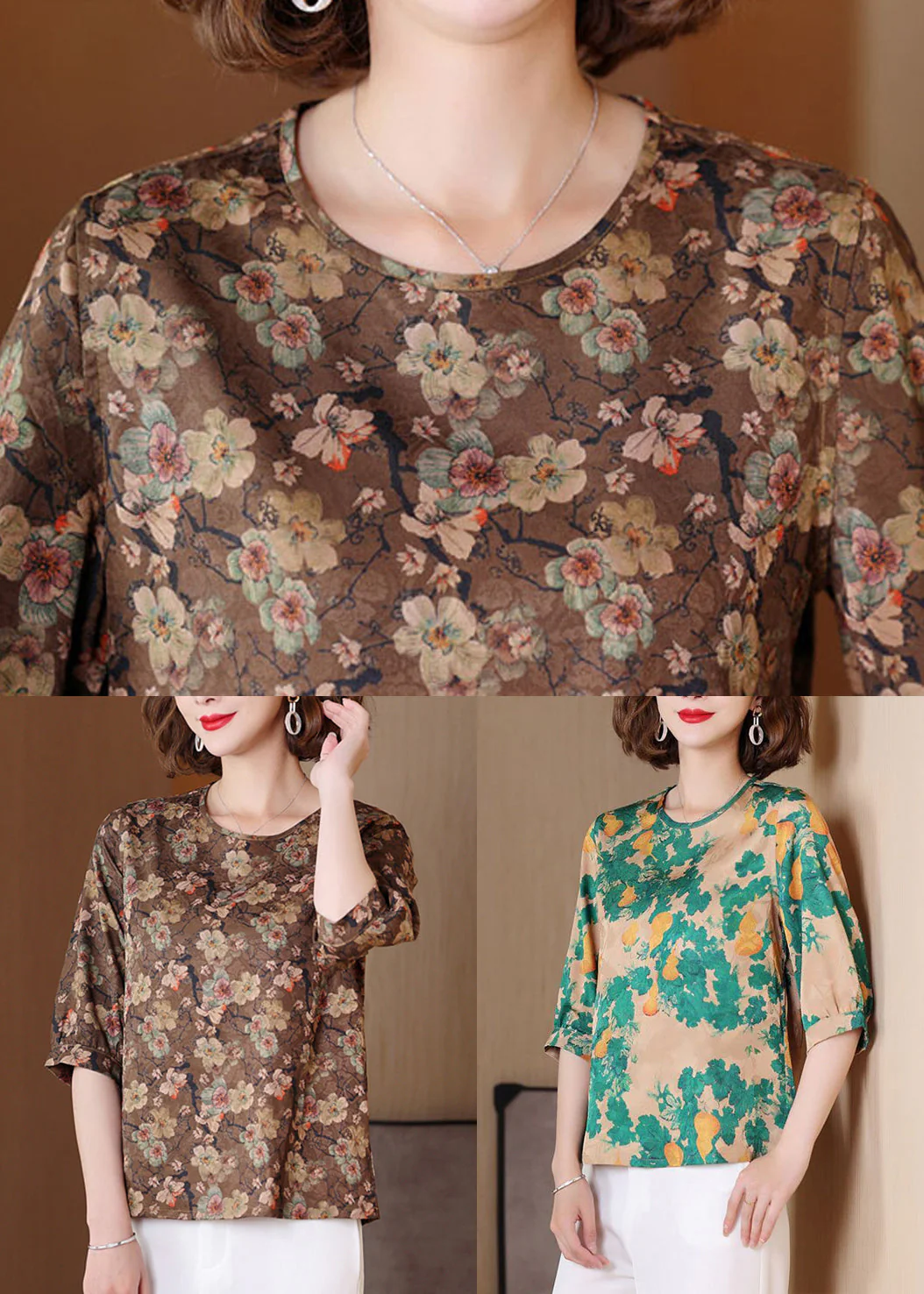 Loose Coffee O Neck Print Wear On Both Sides Silk Shirts Summer - Image 5