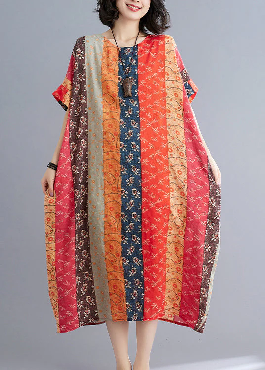 Loose Chocolate Orange O-Neck Print Beach Dresses Short Sleeve - Image 3