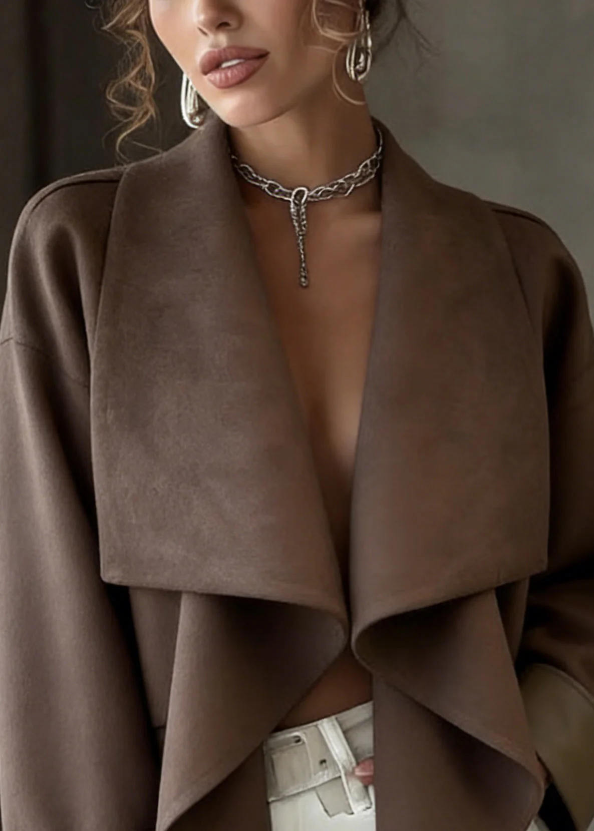 Loose Coffee Peter Pan Collar Faux Suede Solid Coats Spring - Image 2