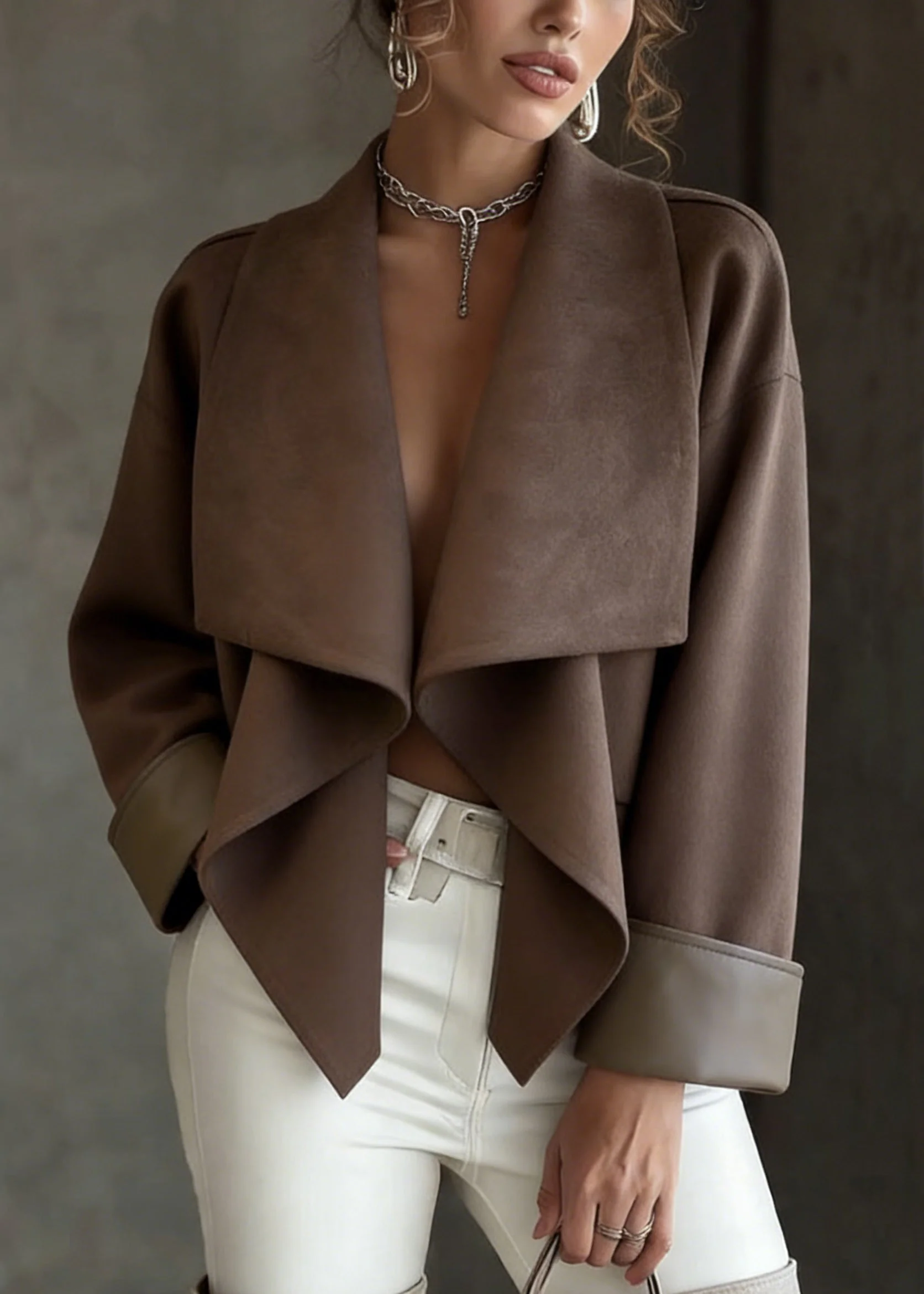 Loose Coffee Peter Pan Collar Faux Suede Solid Coats Spring - Image 3