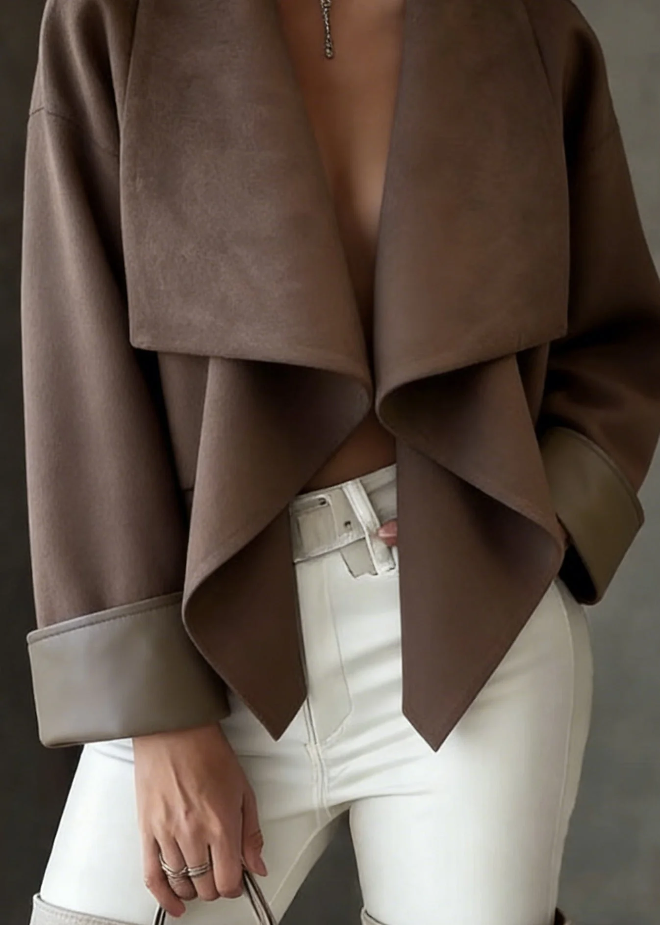Loose Coffee Peter Pan Collar Faux Suede Solid Coats Spring - Image 4