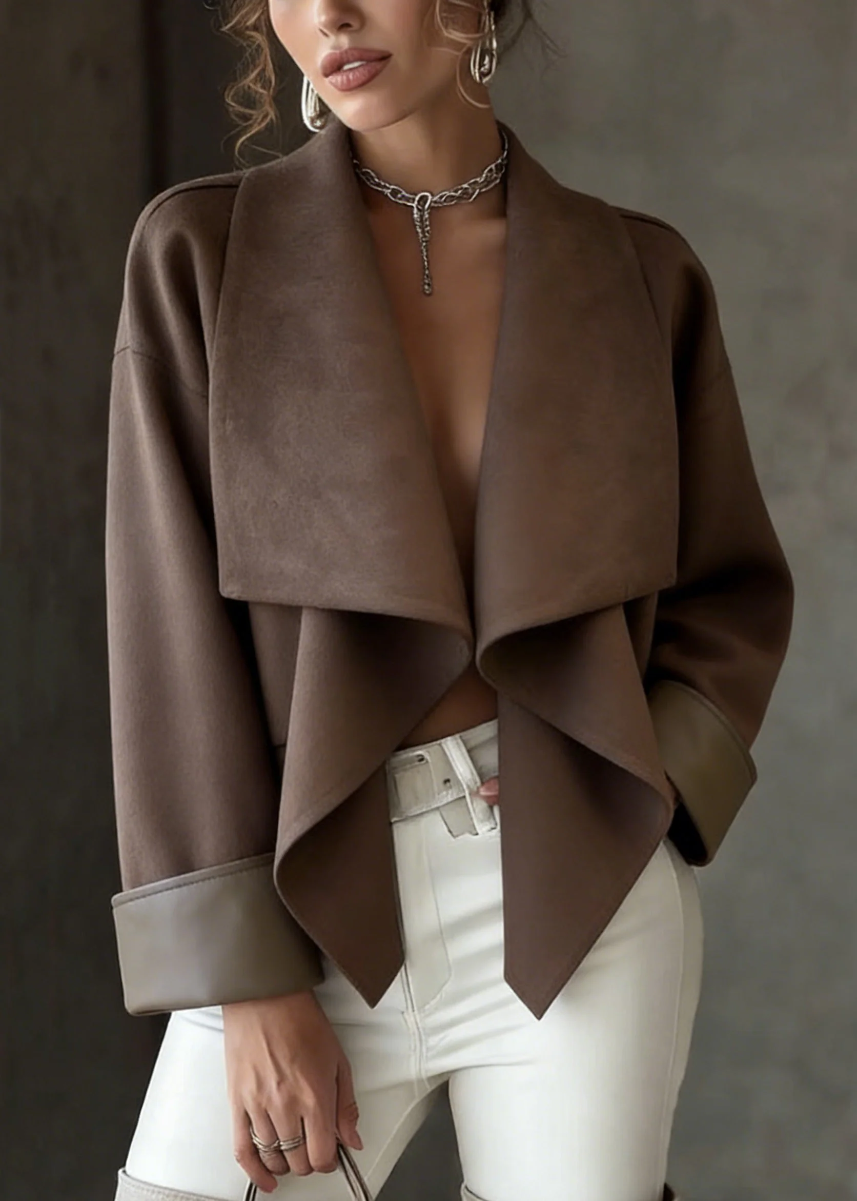 Loose Coffee Peter Pan Collar Faux Suede Solid Coats Spring - Image 5