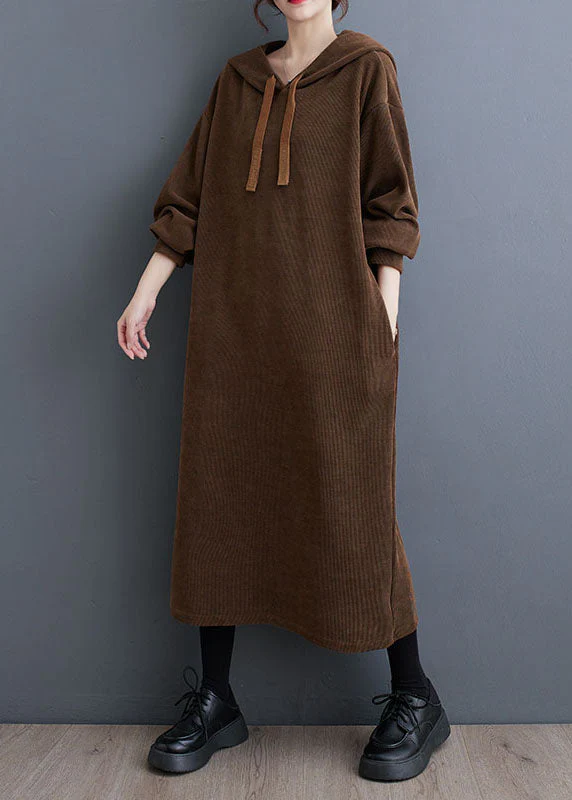 Loose Coffee Pockets Hooded Maxi Dresses Fall - Image 2