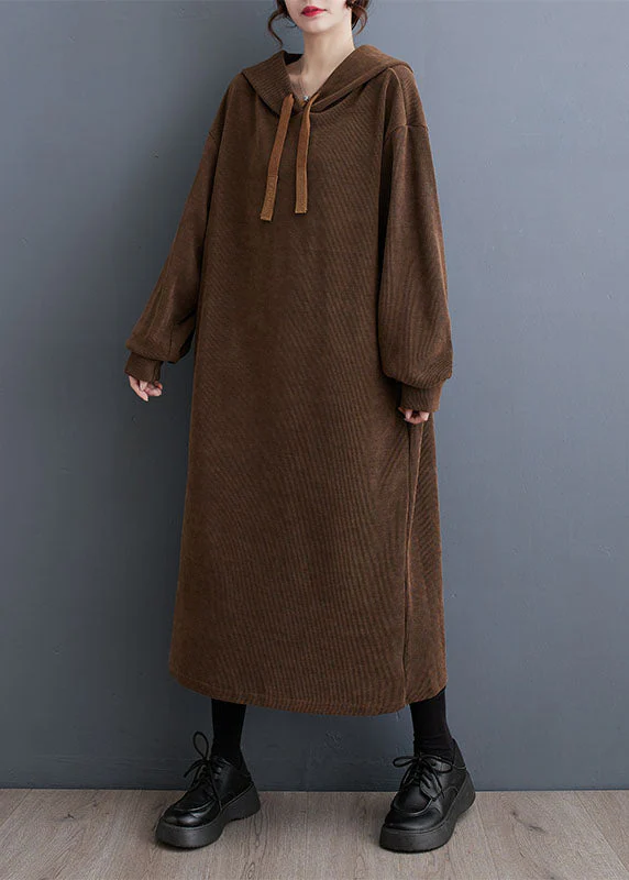 Loose Coffee Pockets Hooded Maxi Dresses Fall - Image 3
