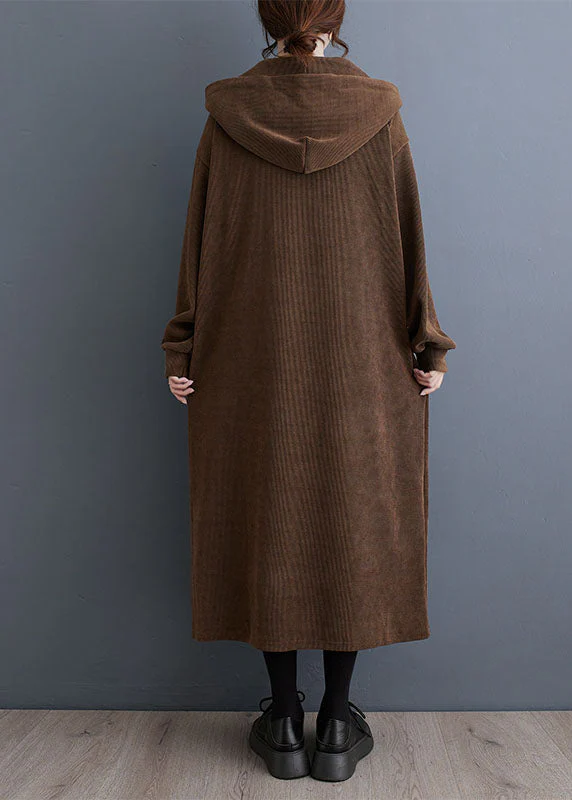 Loose Coffee Pockets Hooded Maxi Dresses Fall - Image 4