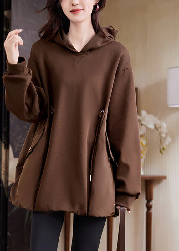 Loose Coffee Pockets Patchwork Drawstring Sweatshirt Fall - Image 2