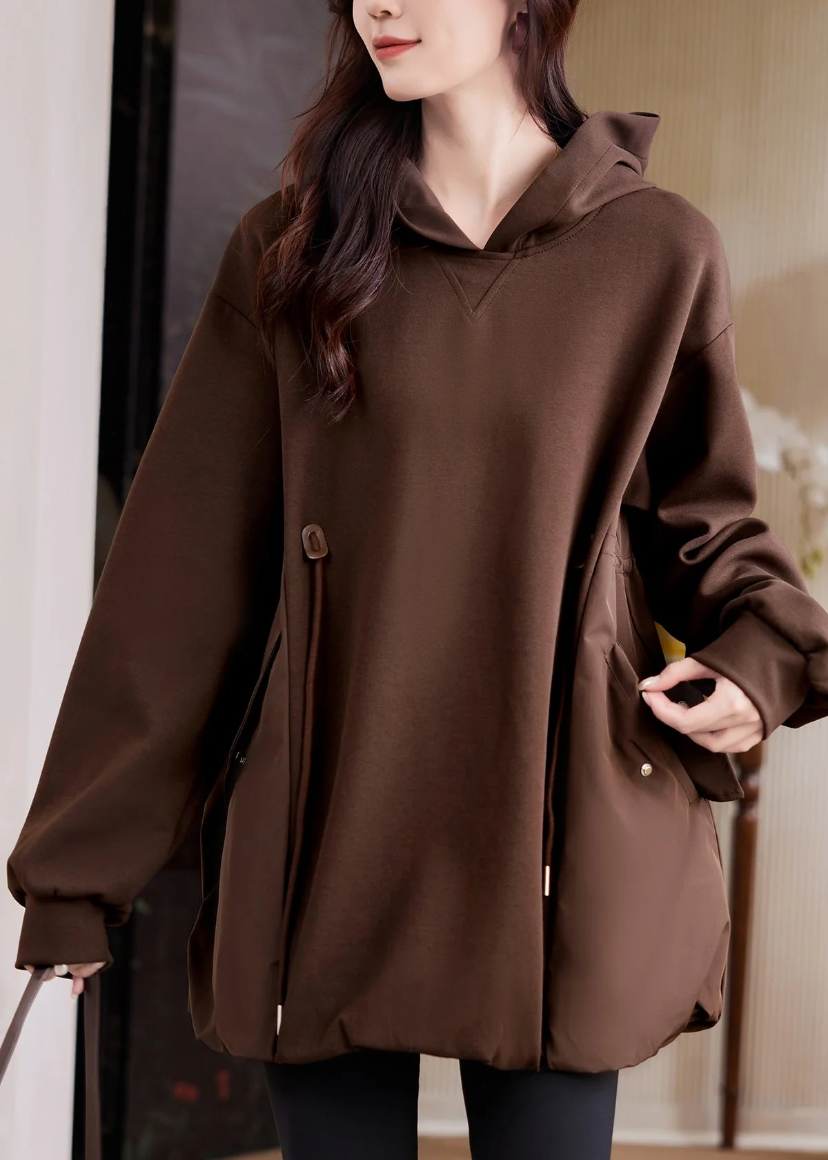 Loose Coffee Pockets Patchwork Drawstring Sweatshirt Fall - Image 3