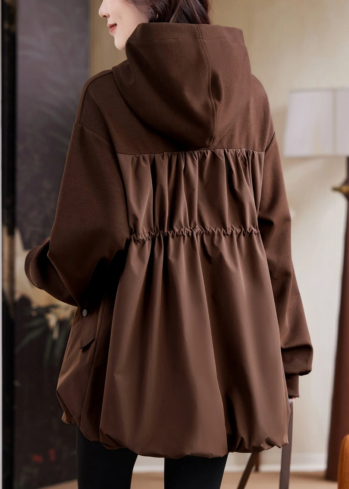 Loose Coffee Pockets Patchwork Drawstring Sweatshirt Fall - Image 5