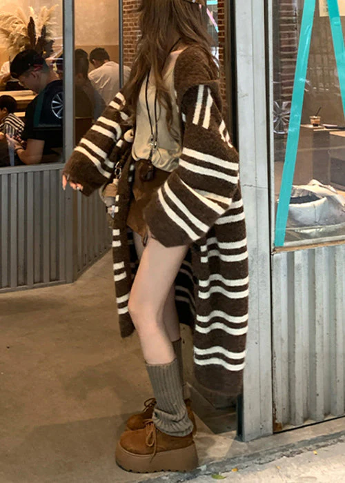 Loose Coffee Striped Patchwork Knit Long Cardigan Spring - Image 4