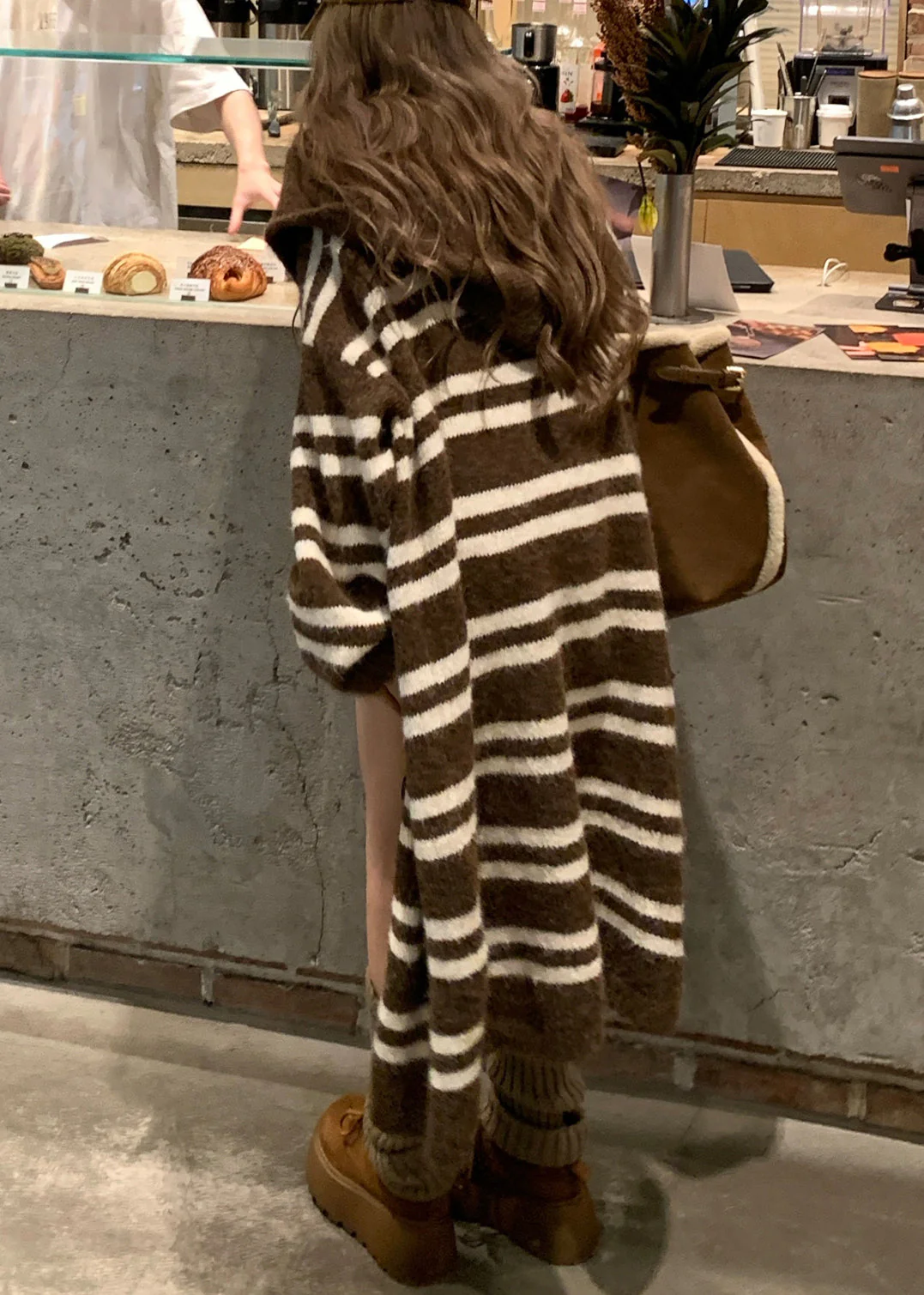 Loose Coffee Striped Patchwork Knit Long Cardigan Spring - Image 5