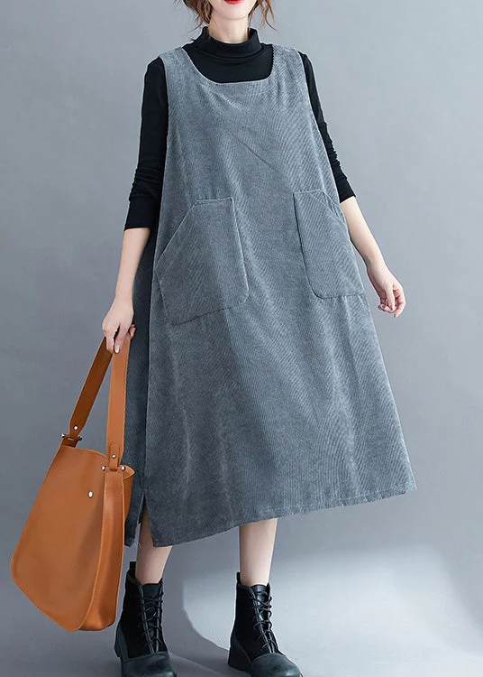 Loose Coffee U Neck Pockets Corduroy Strap Dress Spring - Image 2