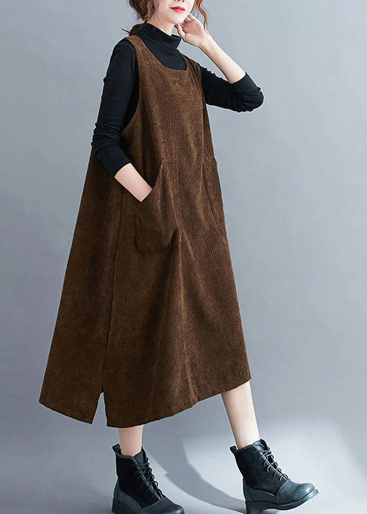 Loose Coffee U Neck Pockets Corduroy Strap Dress Spring - Image 3