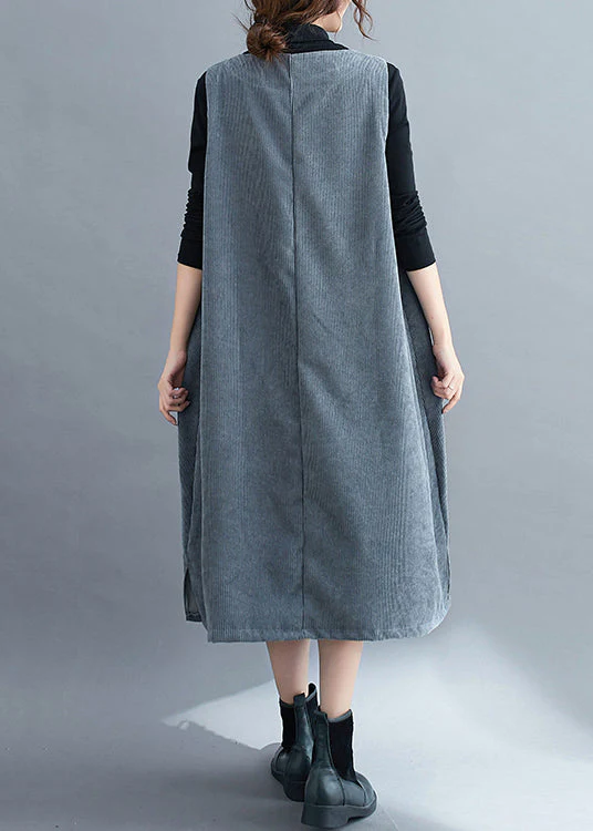 Loose Coffee U Neck Pockets Corduroy Strap Dress Spring - Image 4
