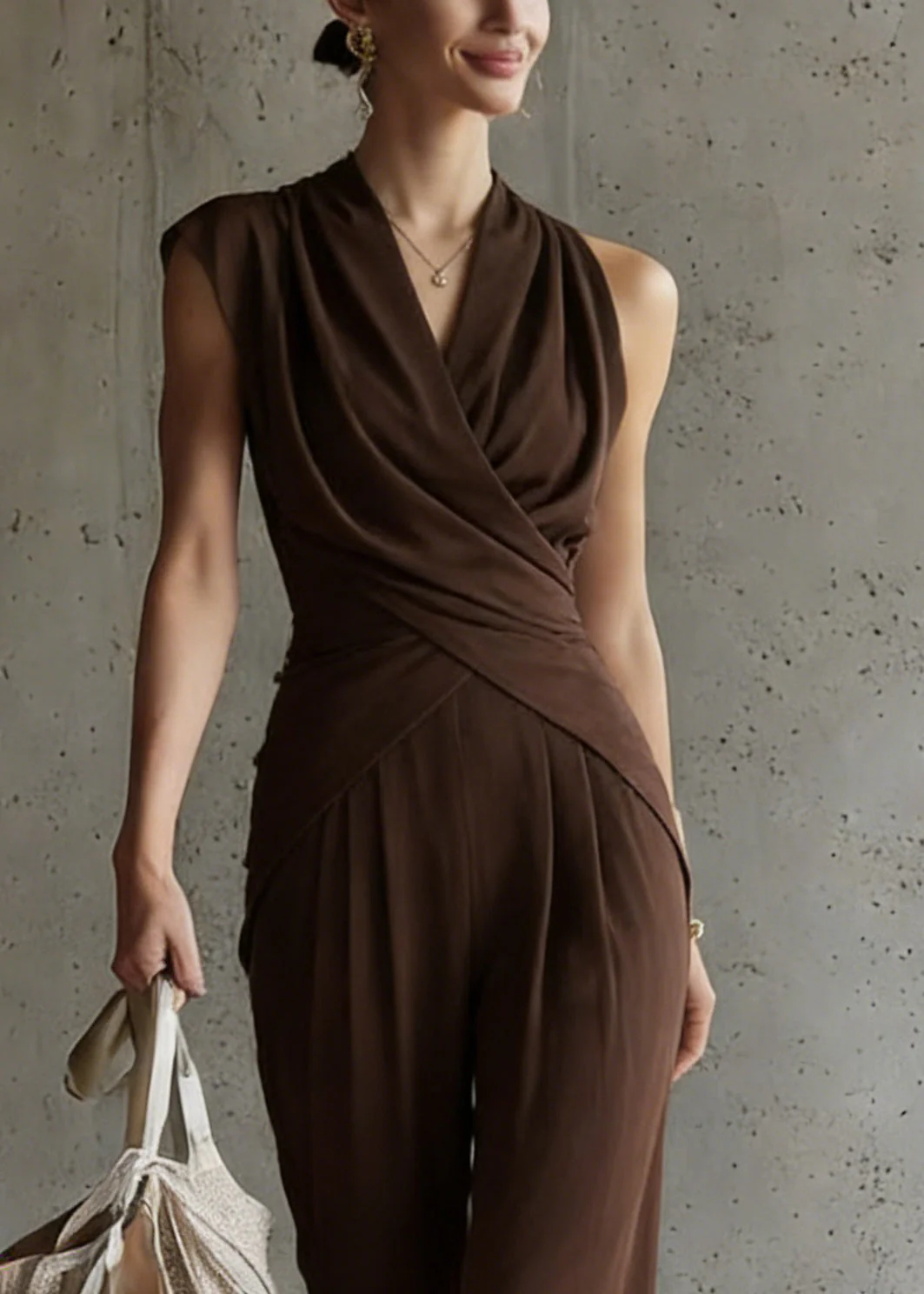 Loose Coffee Wrinkled Tops And Wide Leg Pants Silk Two-Piece Set Summer - Image 2