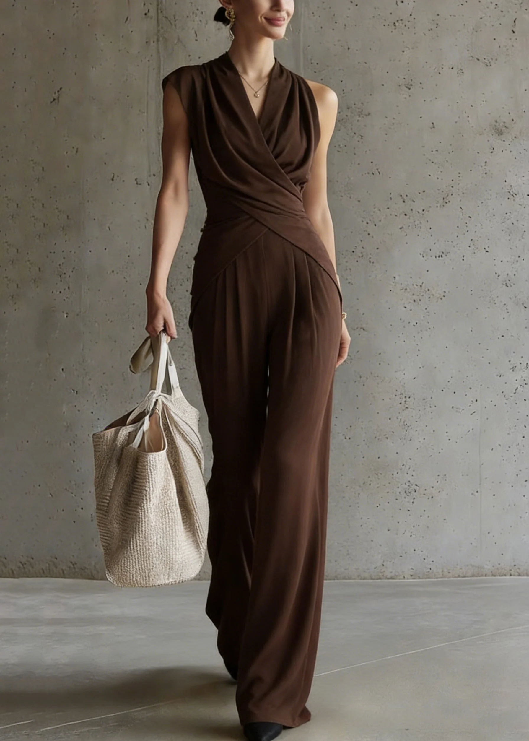 Loose Coffee Wrinkled Tops And Wide Leg Pants Silk Two-Piece Set Summer - Image 5