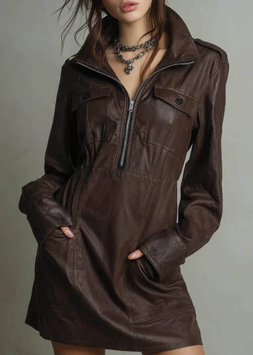 Loose Coffee Zip Up Pockets Faux Leather Mid Dress Spring - Image 5