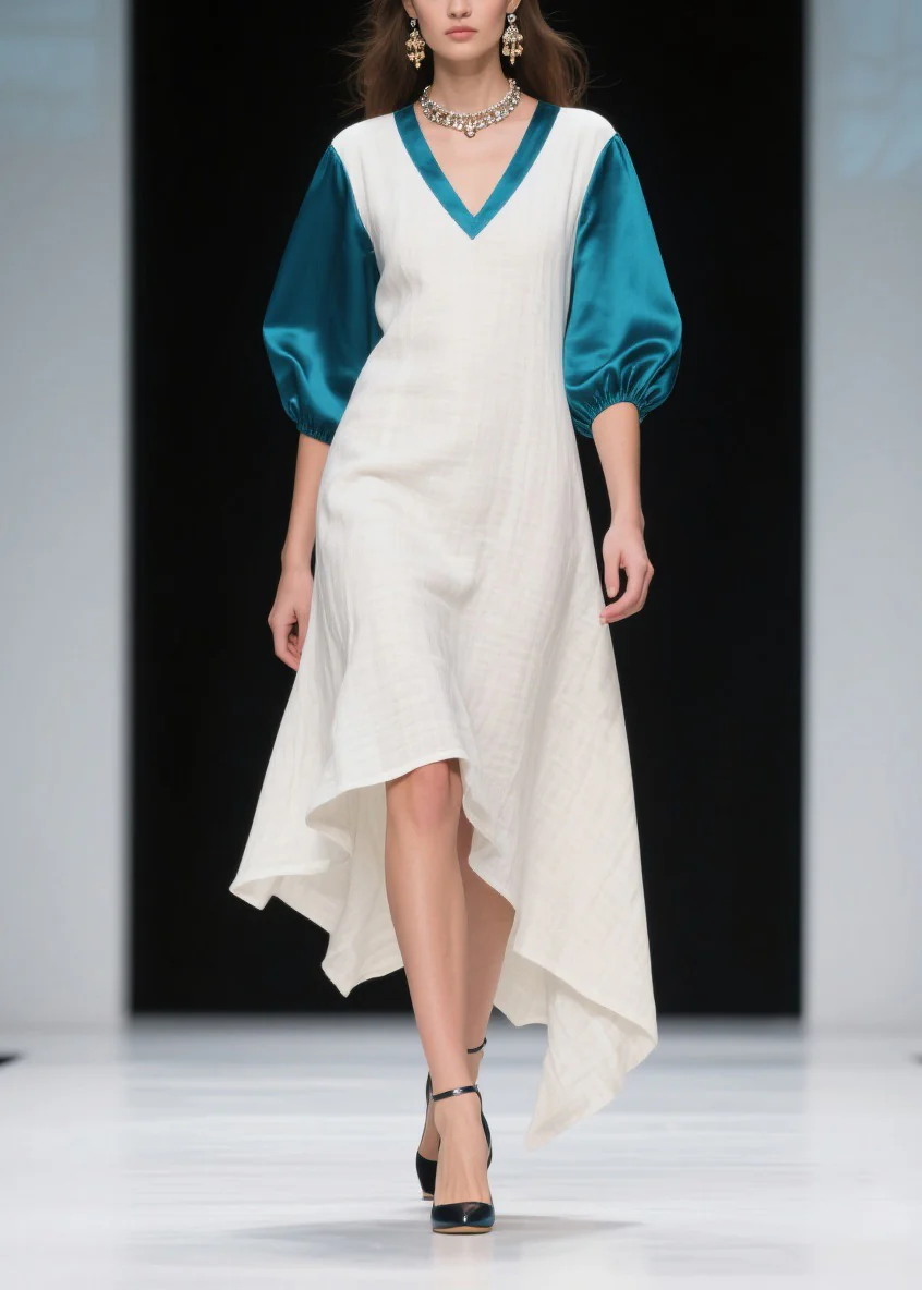 Loose Colorblock Asymmetrical Patchwork Linen Silk Dress Summer
